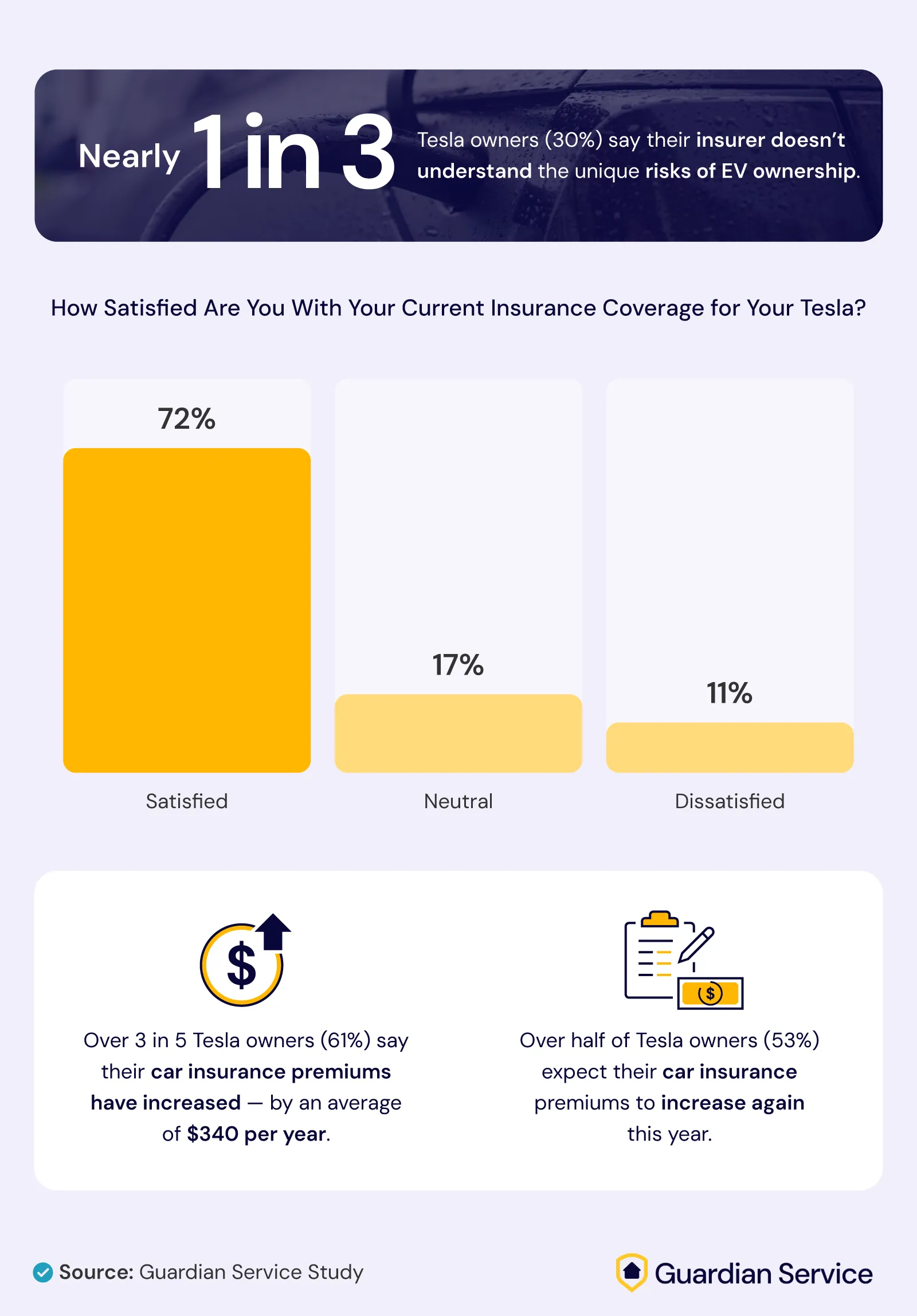 Infographic on Tesla insurance satisfaction and cost concerns, showing 61% report rising premiums.