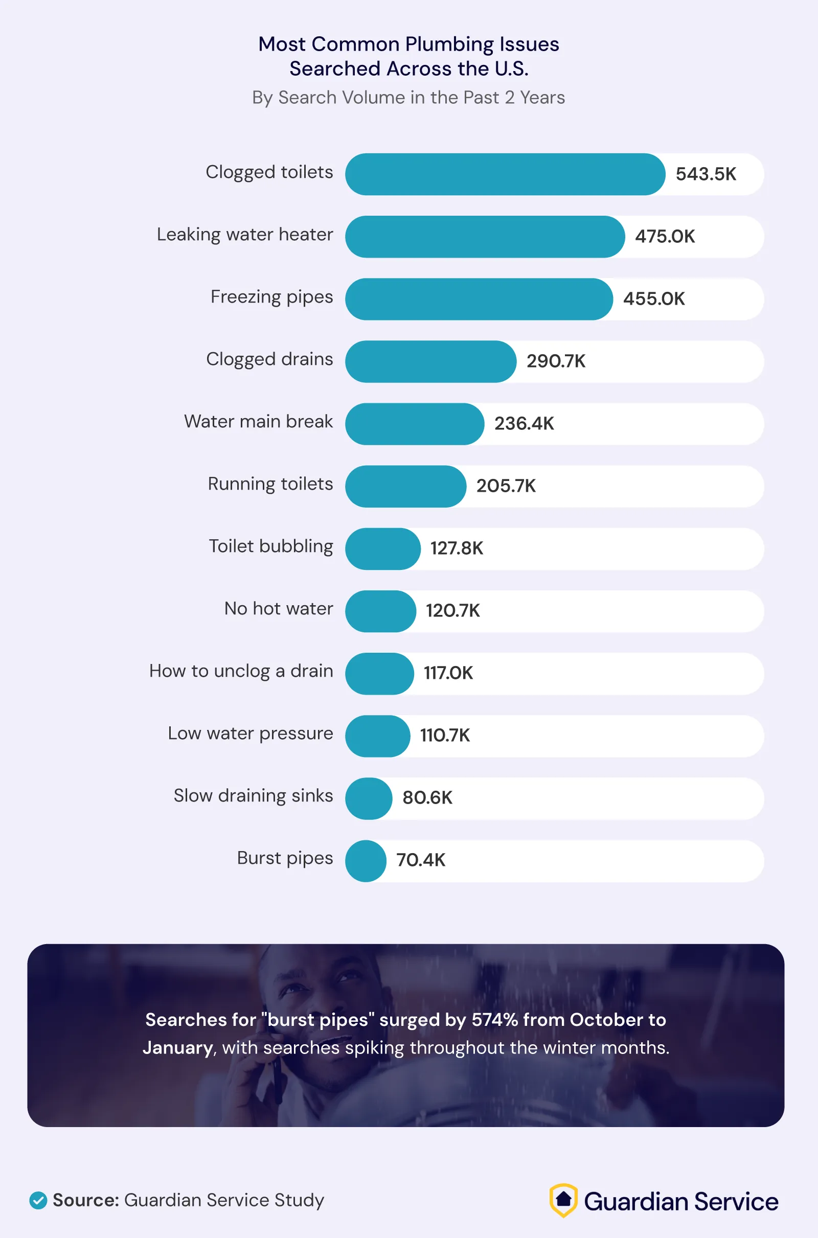 Infographic listing the most common plumbing issues searched in the U.S. over the past two years. 