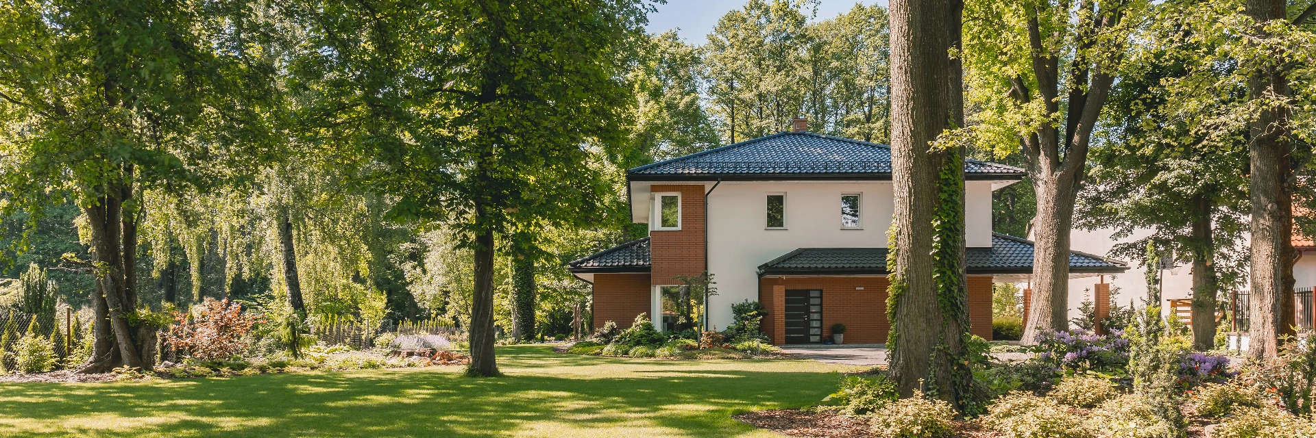 Beautiful home with lush green yard and trees